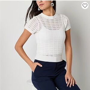 Worthington White Short-Sleeve Openwork Knit Tee